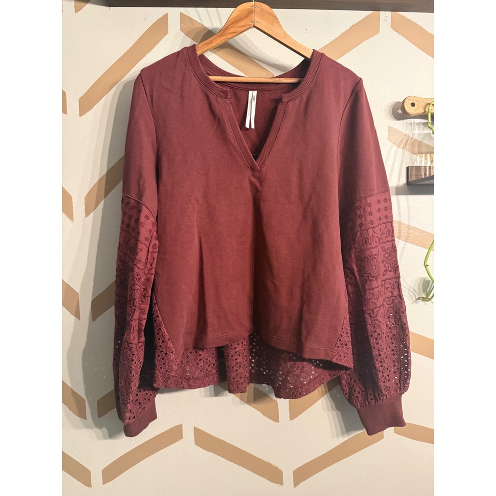 By Anthropologie Sweatshirt Women S Burgundy Eyelet Lace Embroidered V-Neck Top